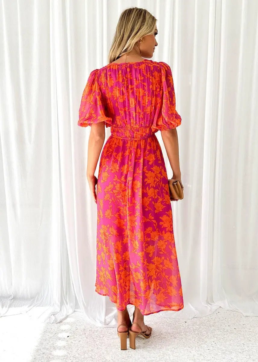Women's Midi Dress | V-Neck & Puff Sleeve
