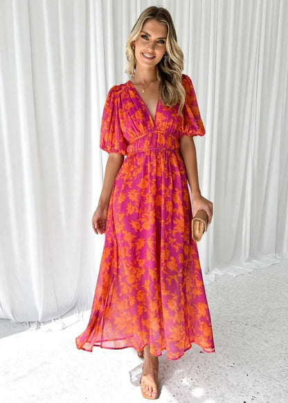 Women's Midi Dress | V-Neck & Puff Sleeve