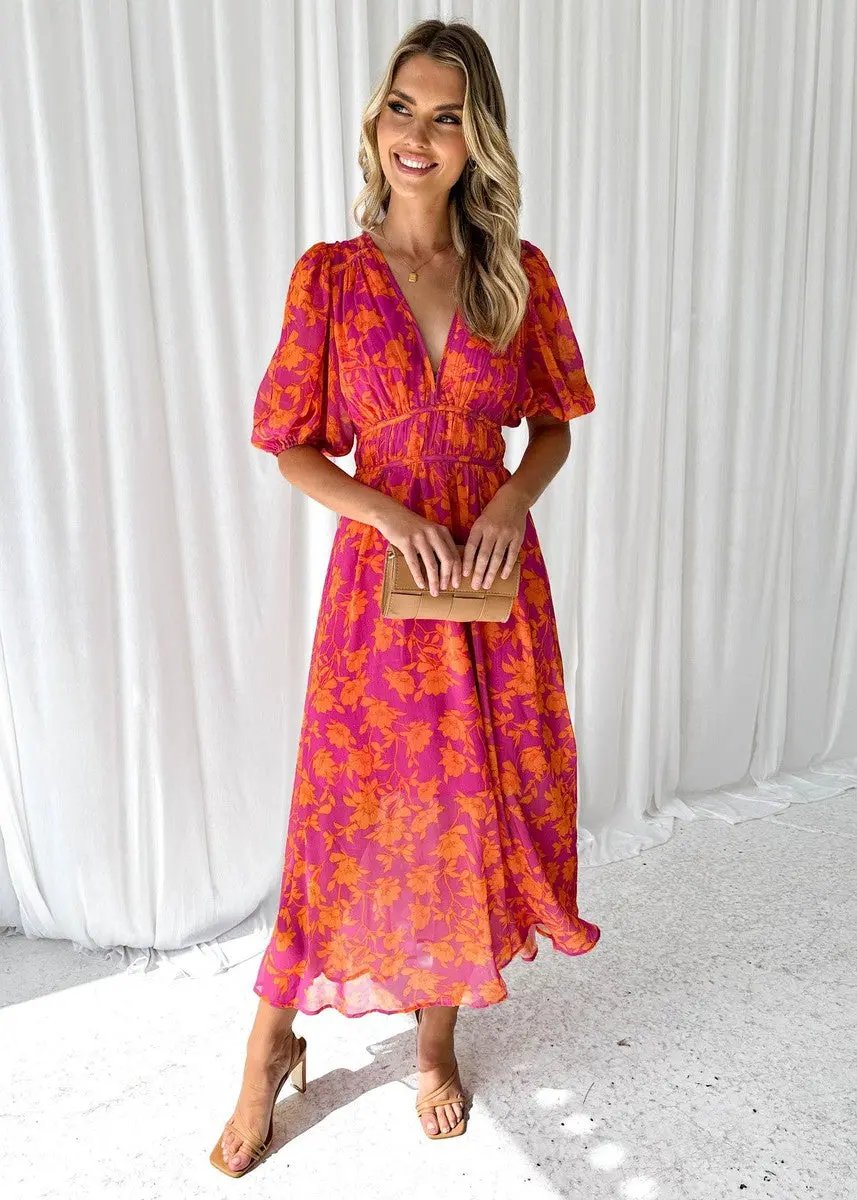 Women's Midi Dress | V-Neck & Puff Sleeve