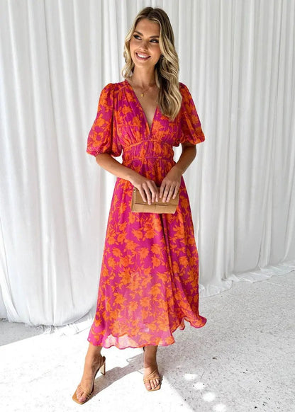 Women's Midi Dress | V-Neck & Puff Sleeve