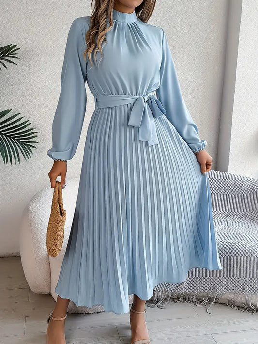 Women's Midi Evening Dress | Belted Waist & Long Sleeves