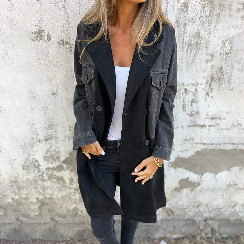 Women's Midi Trench Coat Contrast Stitching Classic Fit