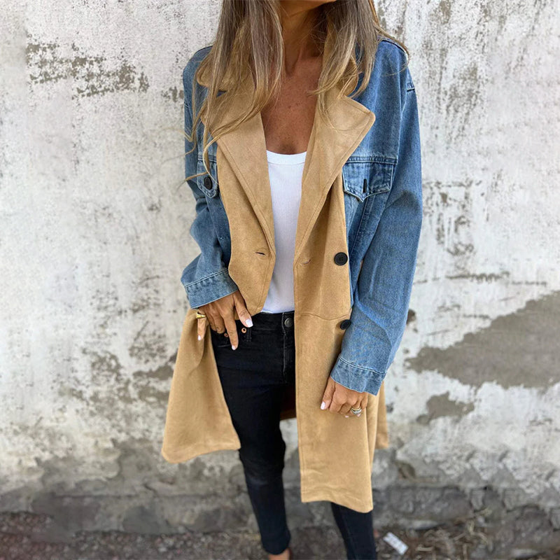 Women's Midi Trench Coat Contrast Stitching Classic Fit