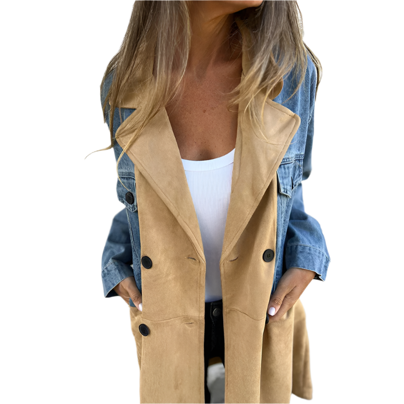 Women's Midi Trench Coat Contrast Stitching Classic Fit