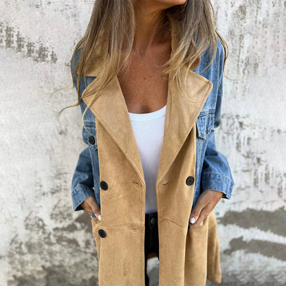 Women's Midi Trench Coat Contrast Stitching Classic Fit