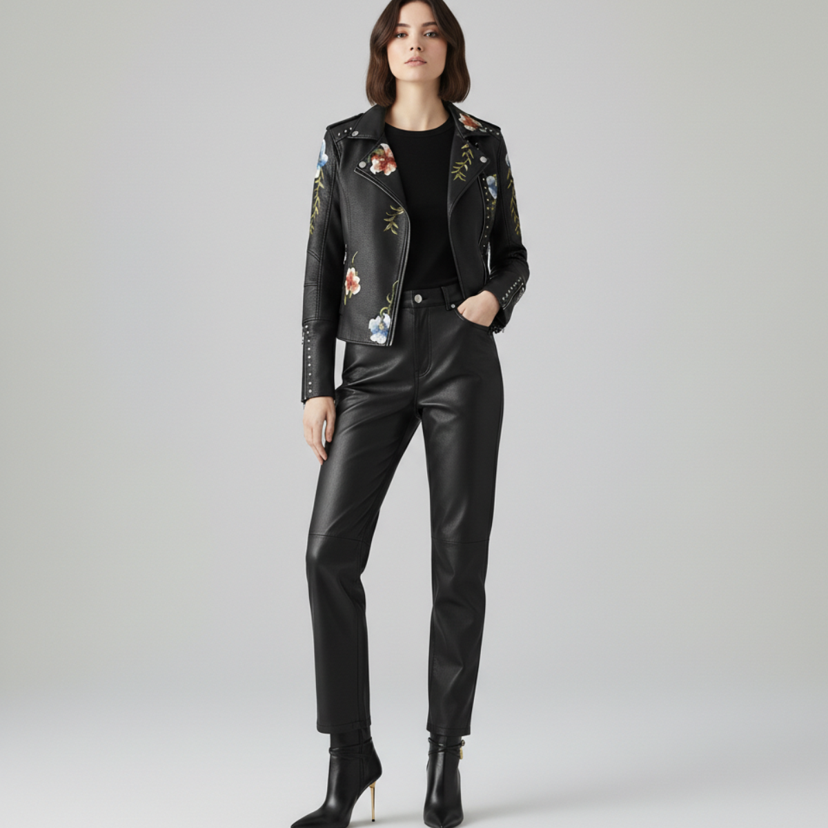 Women's Moto Jacket Floral Embroidery Asymmetrical Zip with Stud Trim