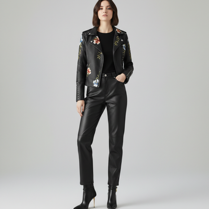 Women's Moto Jacket Floral Embroidery Asymmetrical Zip with Stud Trim