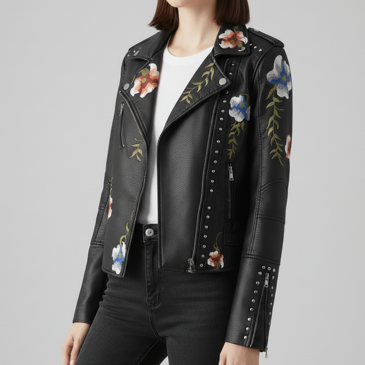 Women's Moto Jacket Floral Embroidery Asymmetrical Zip with Stud Trim