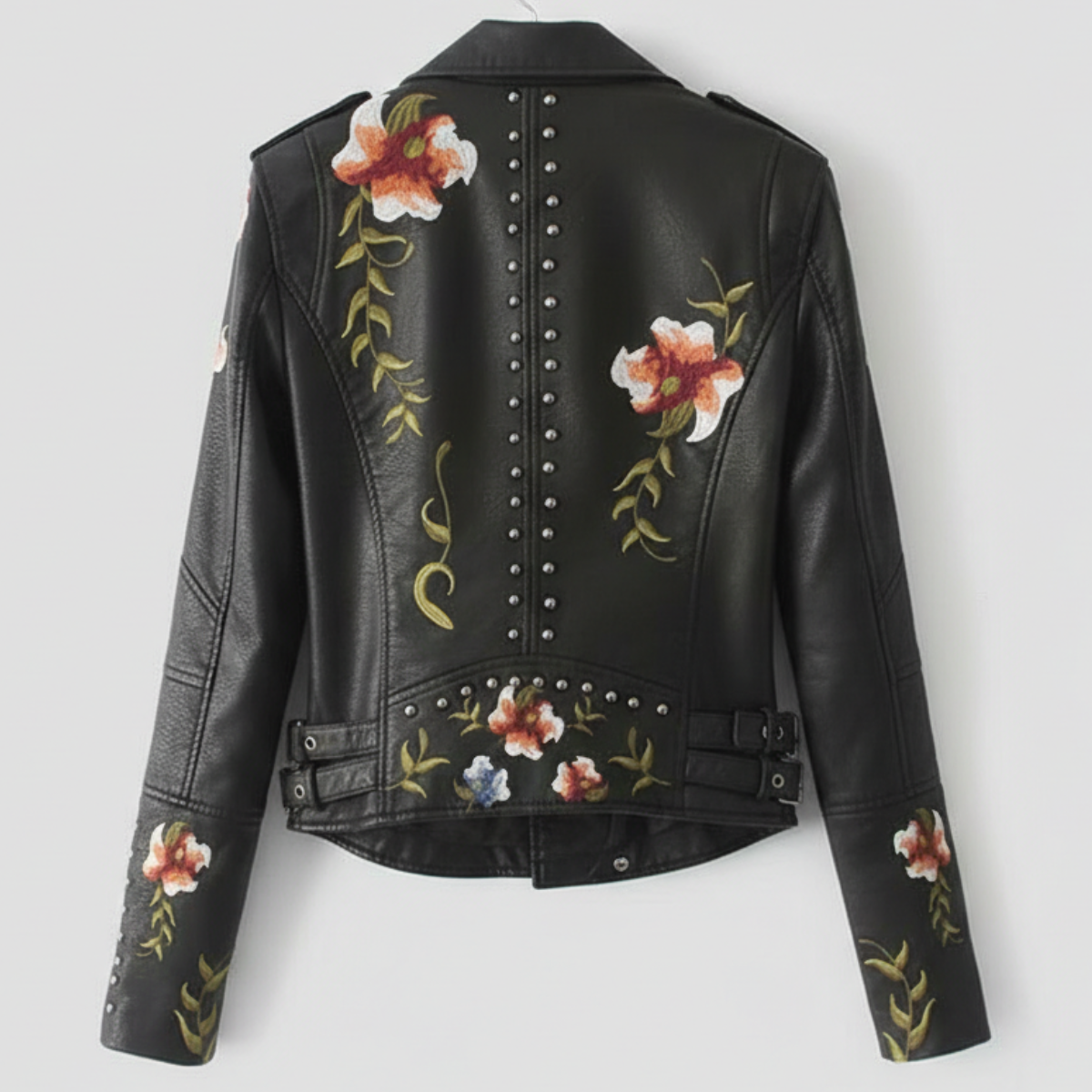 Women's Moto Jacket Floral Embroidery Asymmetrical Zip with Stud Trim
