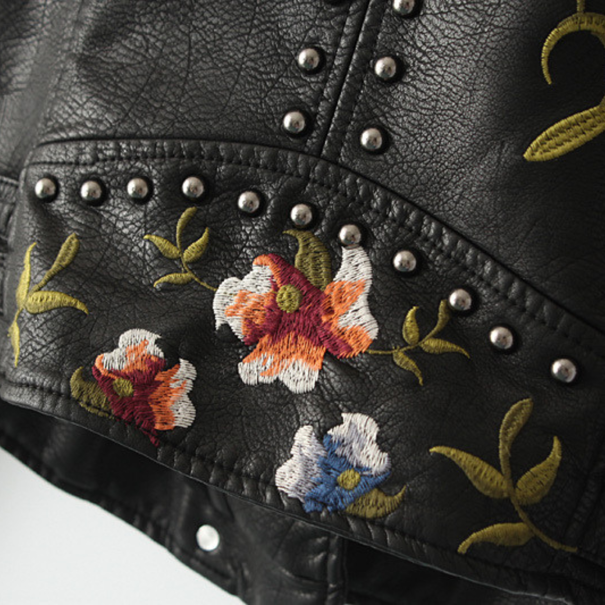 Women's Moto Jacket Floral Embroidery Asymmetrical Zip with Stud Trim