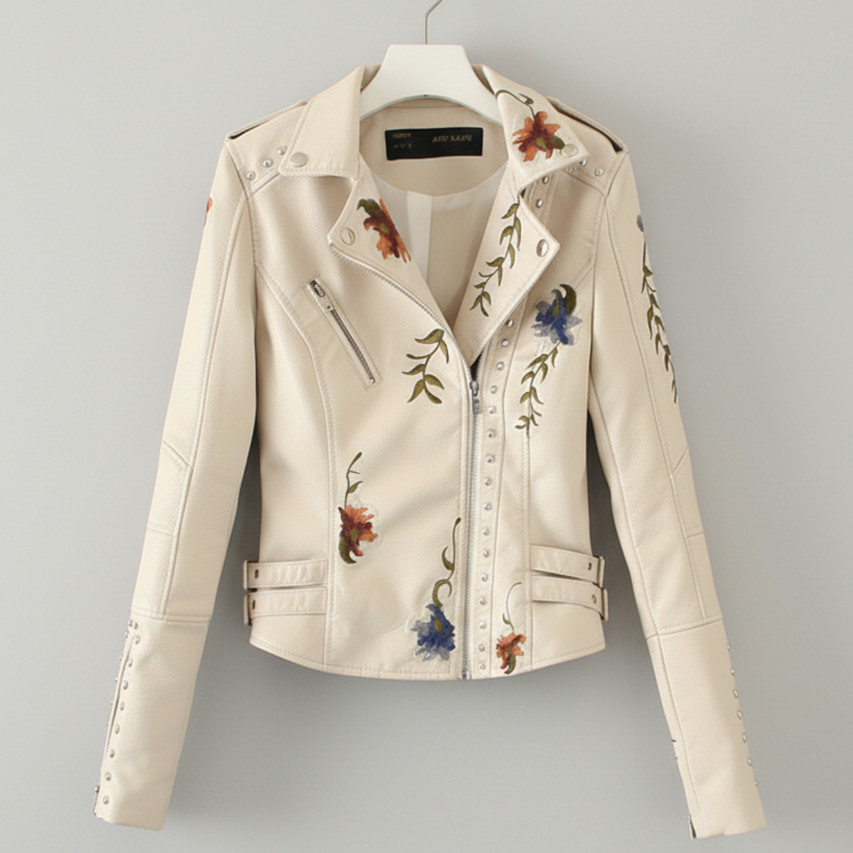 Women's Moto Jacket Floral Embroidery Asymmetrical Zip with Stud Trim