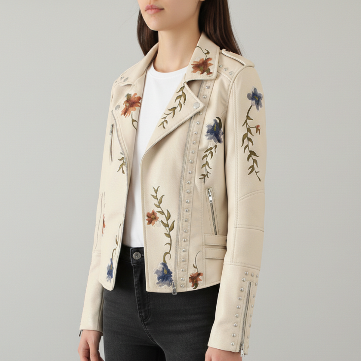 Women's Moto Jacket Floral Embroidery Asymmetrical Zip with Stud Trim
