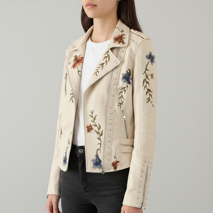 Women's Moto Jacket Floral Embroidery Asymmetrical Zip with Stud Trim
