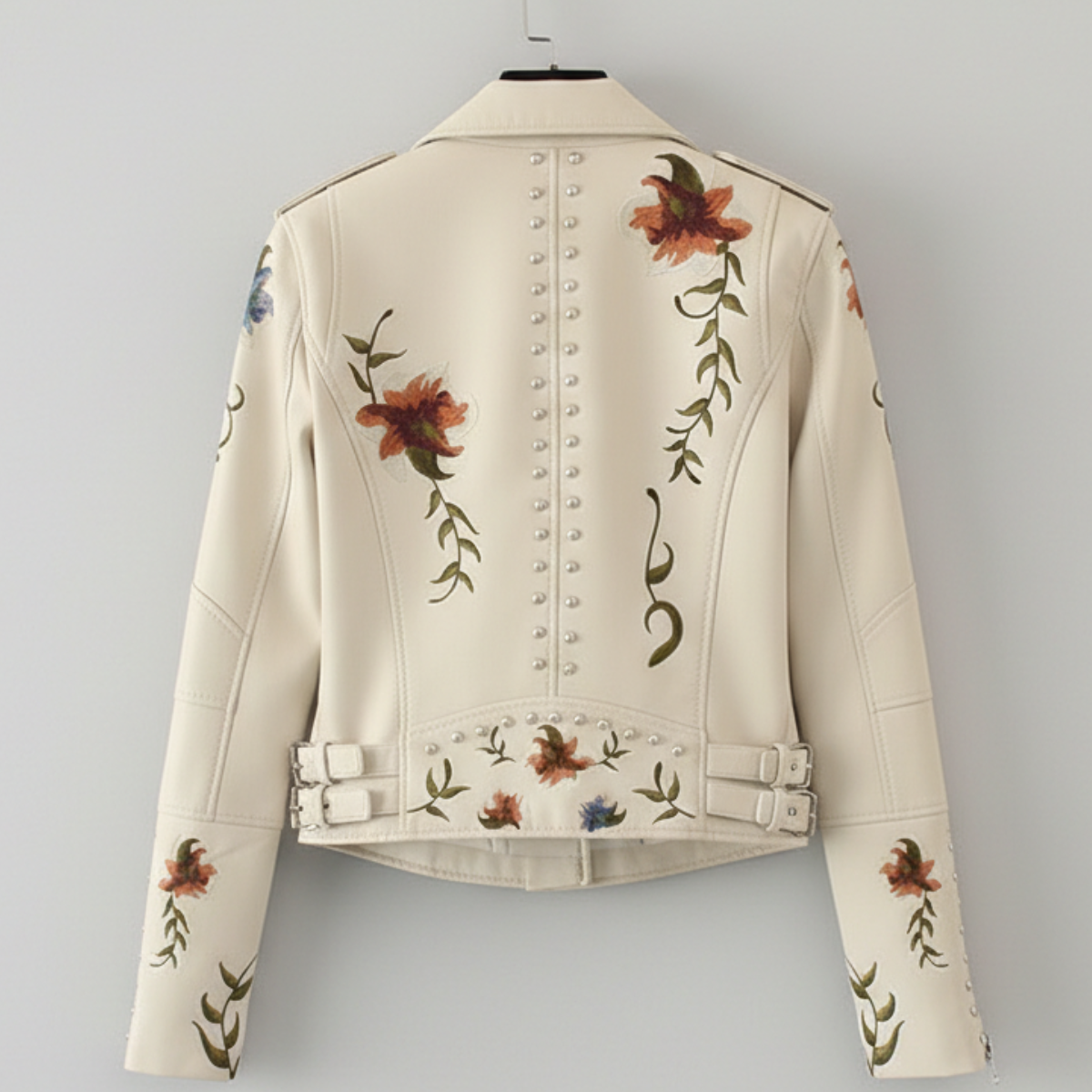 Women's Moto Jacket Floral Embroidery Asymmetrical Zip with Stud Trim