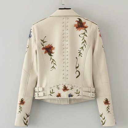 Women's Moto Jacket Floral Embroidery Asymmetrical Zip with Stud Trim