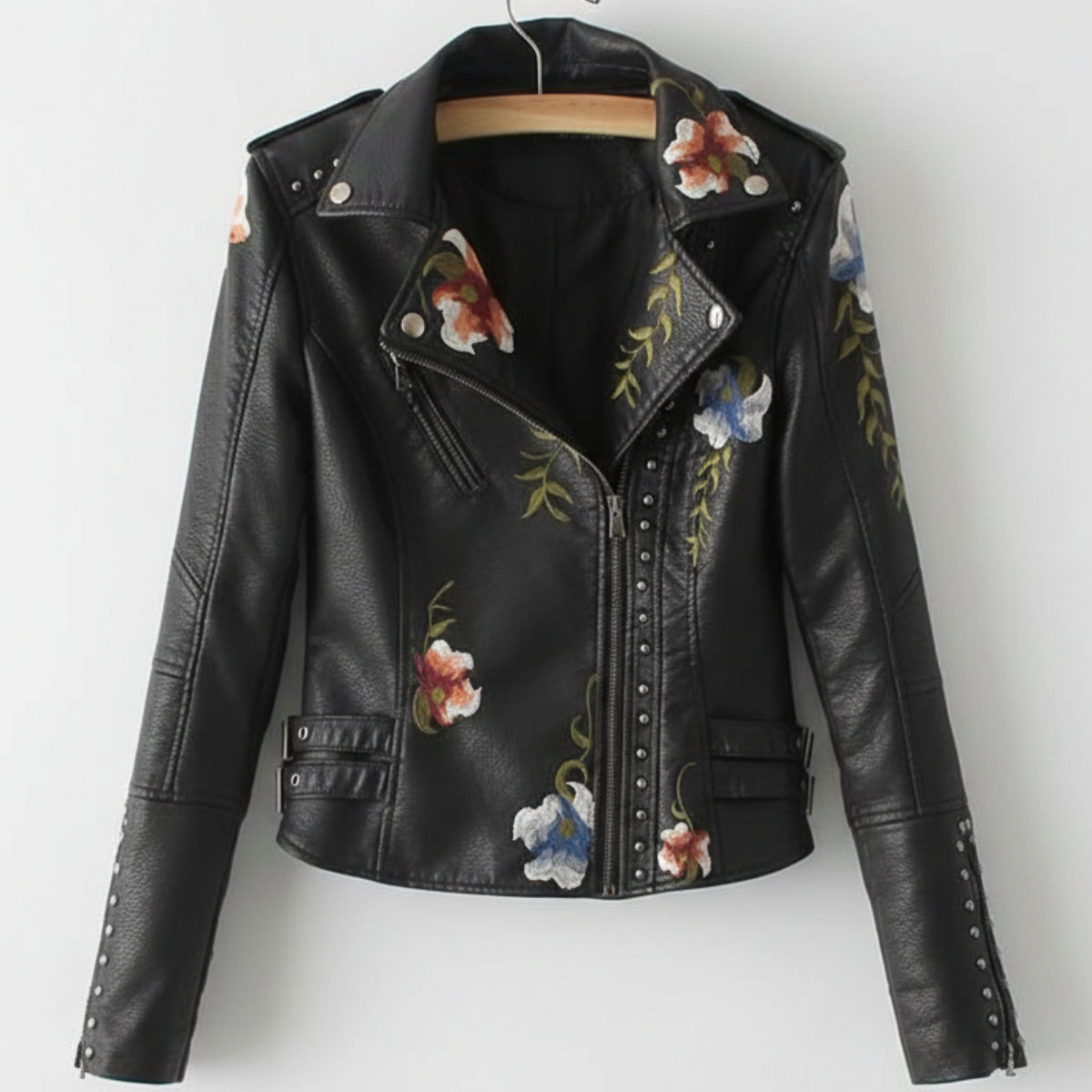 Women's Moto Jacket Floral Embroidery Asymmetrical Zip with Stud Trim