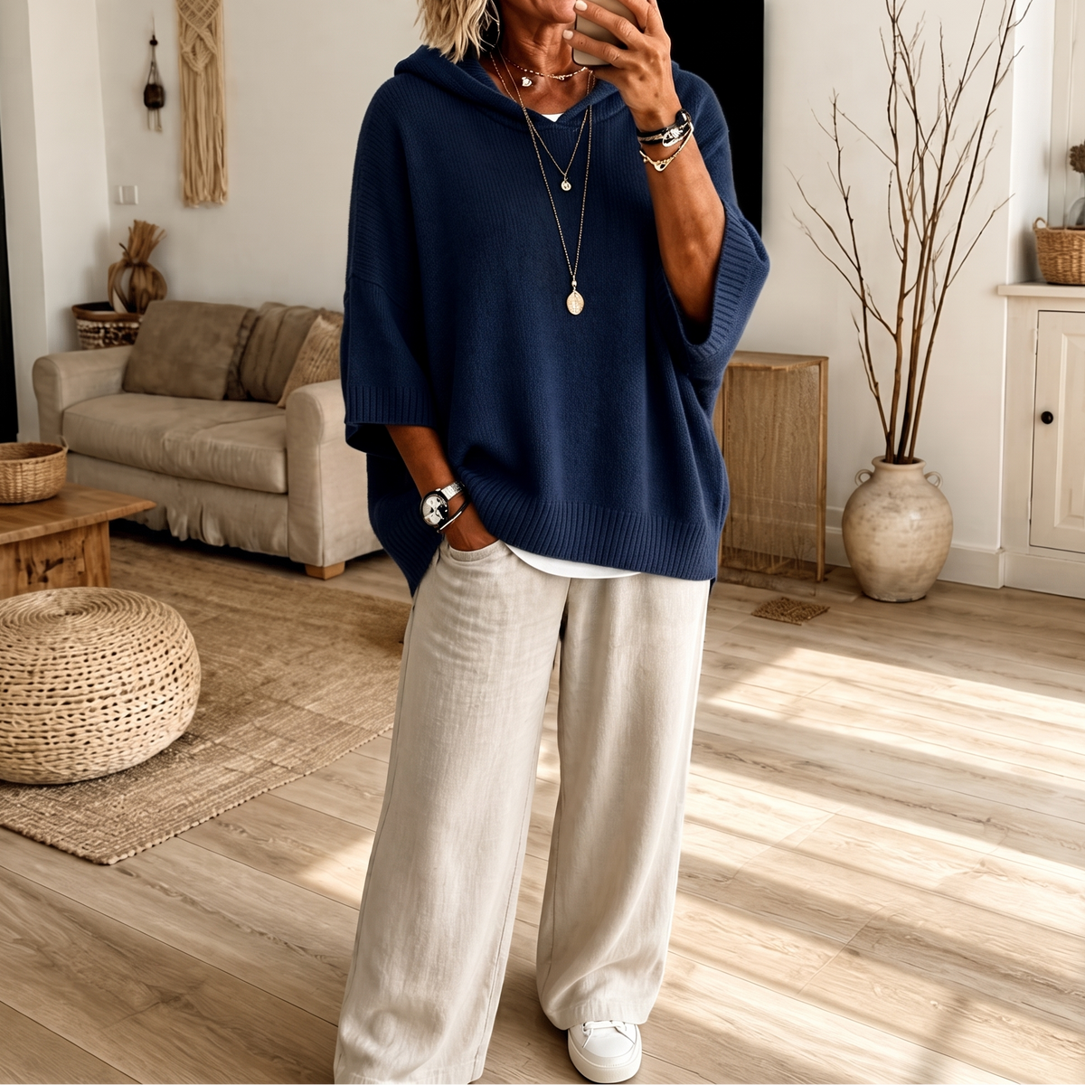 Women's Open-Knit Hoodie | Frayed-Edge Oversized Fit