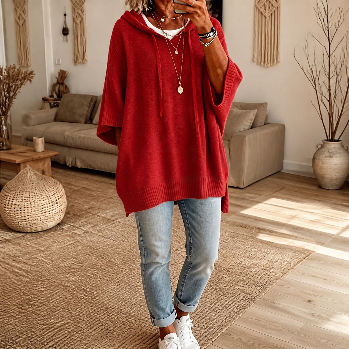 Women's Open-Knit Hoodie | Frayed-Edge Oversized Fit
