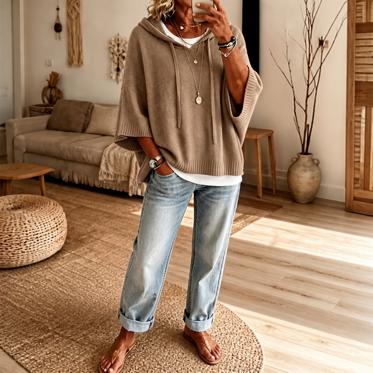 Women's Open-Knit Hoodie | Frayed-Edge Oversized Fit
