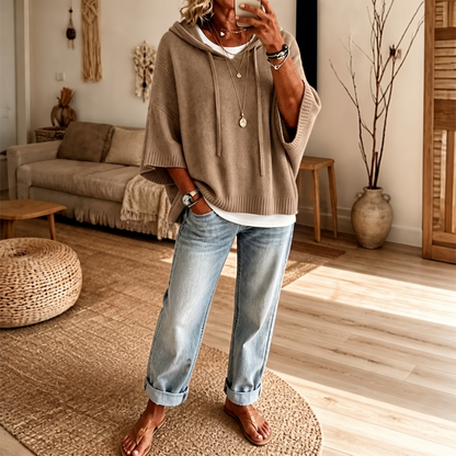 Women's Open-Knit Hoodie | Frayed-Edge Oversized Fit