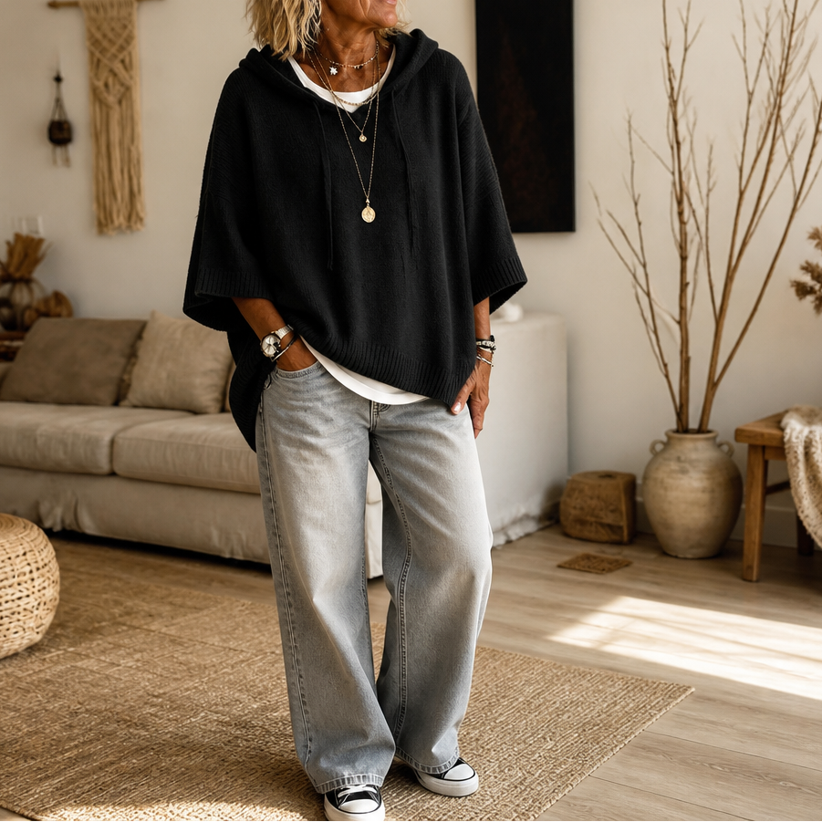 Women's Open-Knit Hoodie | Frayed-Edge Oversized Fit