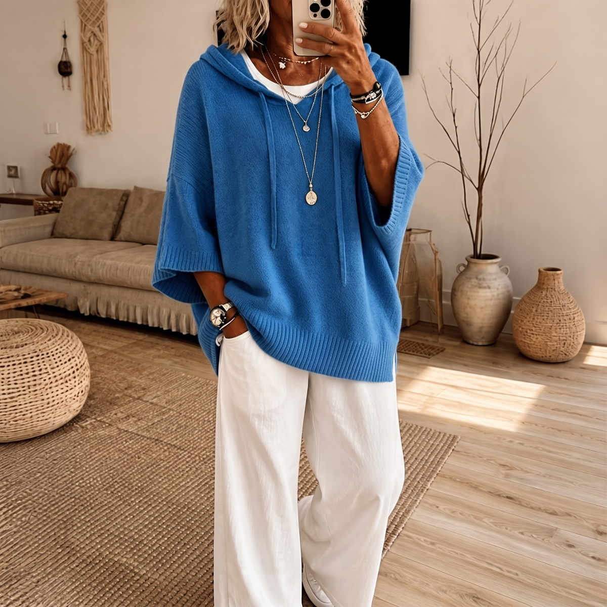 Women's Open-Knit Hoodie | Frayed-Edge Oversized Fit