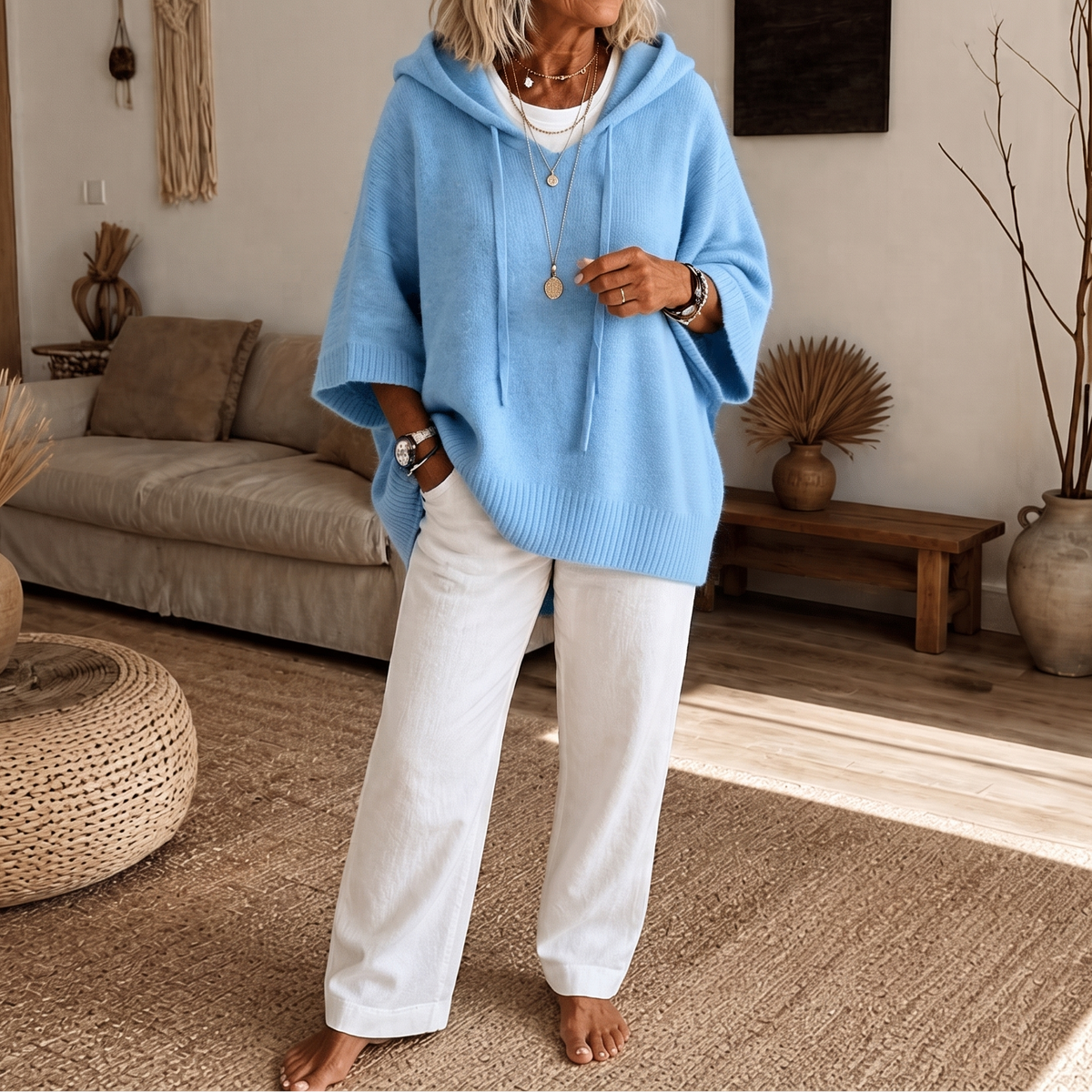 Women's Open-Knit Hoodie | Frayed-Edge Oversized Fit