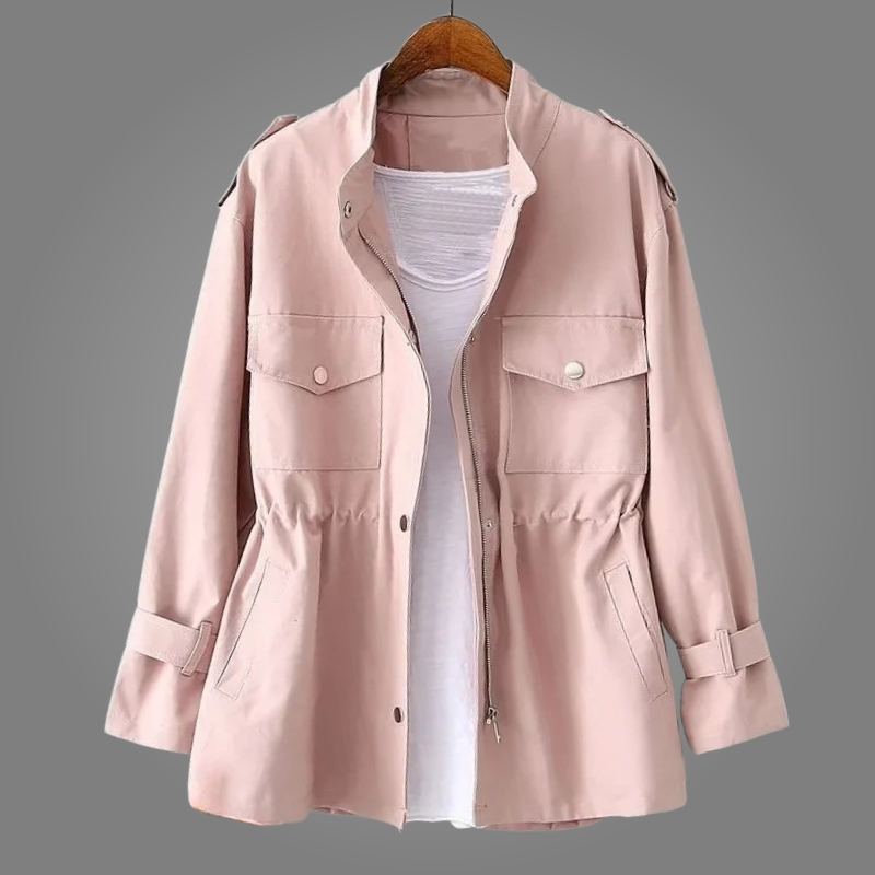 Women's Overcoat Drawstring Design Stand Collar with Epaulette Tabs