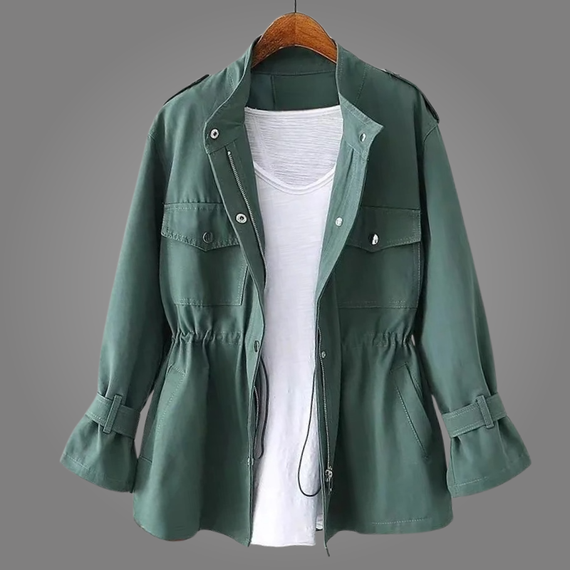 Women's Overcoat Drawstring Design Stand Collar with Epaulette Tabs