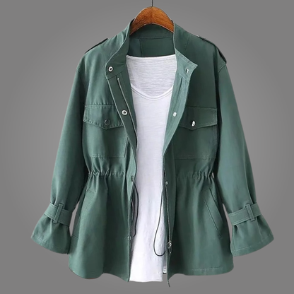 Women's Overcoat Drawstring Design Stand Collar with Epaulette Tabs