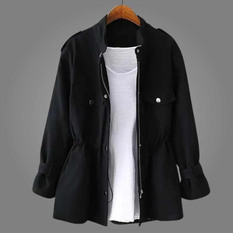 Women's Overcoat Drawstring Design Stand Collar with Epaulette Tabs