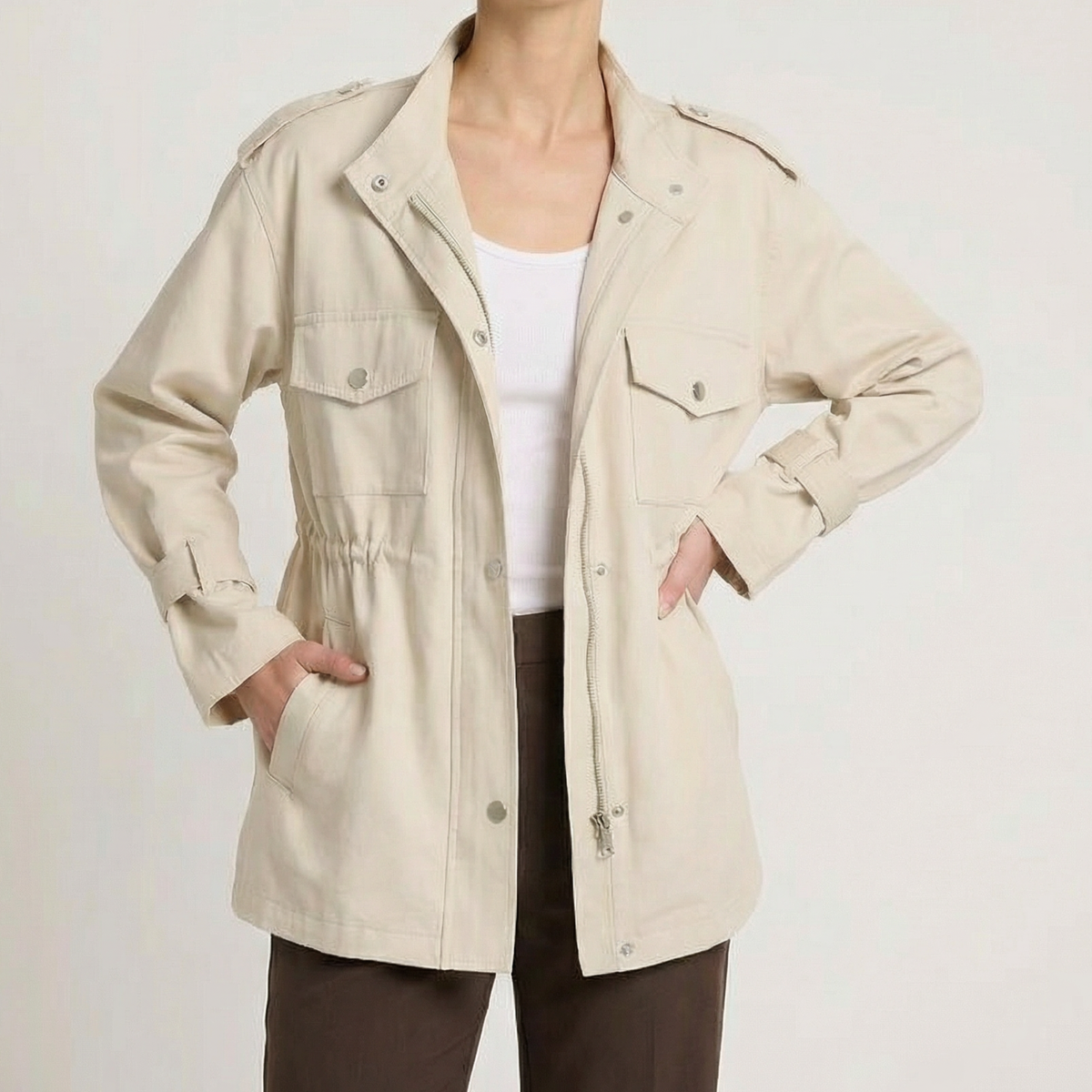 Women's Overcoat Drawstring Design Stand Collar with Epaulette Tabs