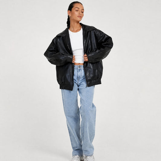 Women's Oversized Bomber Jacket Zip Front Relaxed Fit