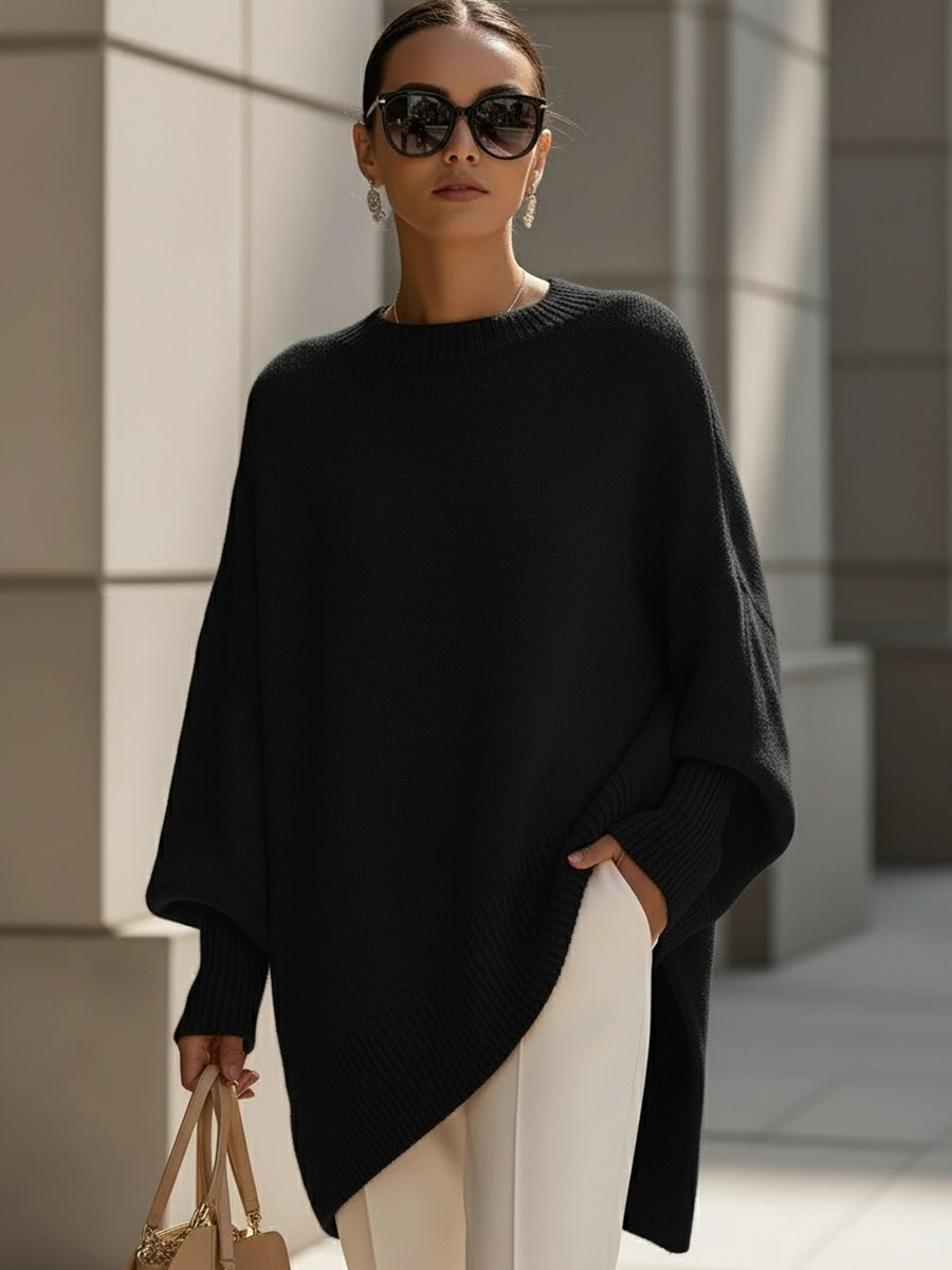 Women's Oversized Knit Sweater Asymmetrical Hem Crew Neck