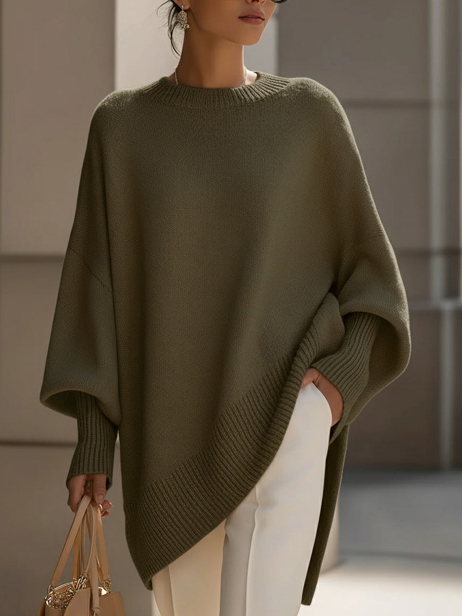 Women's Oversized Knit Sweater Asymmetrical Hem Crew Neck