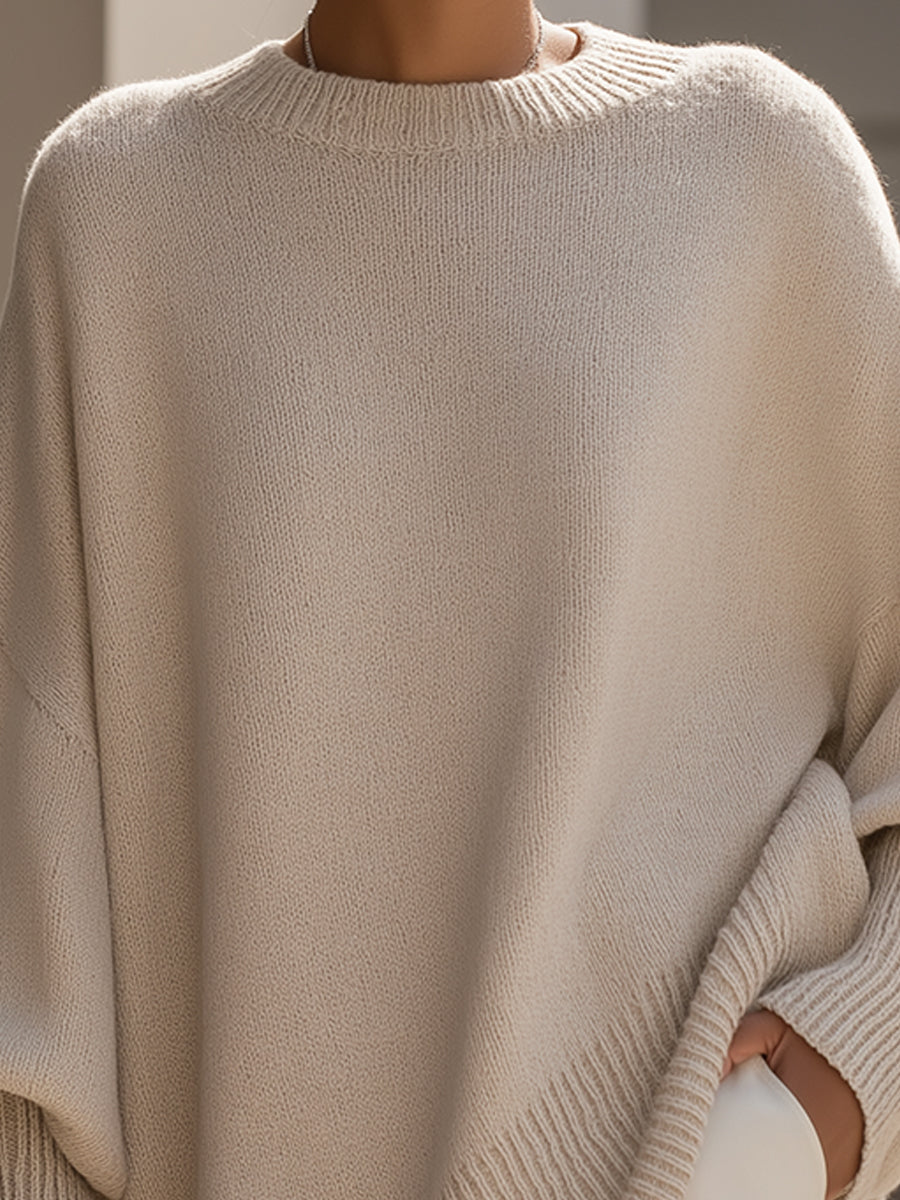 Women's Oversized Knit Sweater Asymmetrical Hem Crew Neck