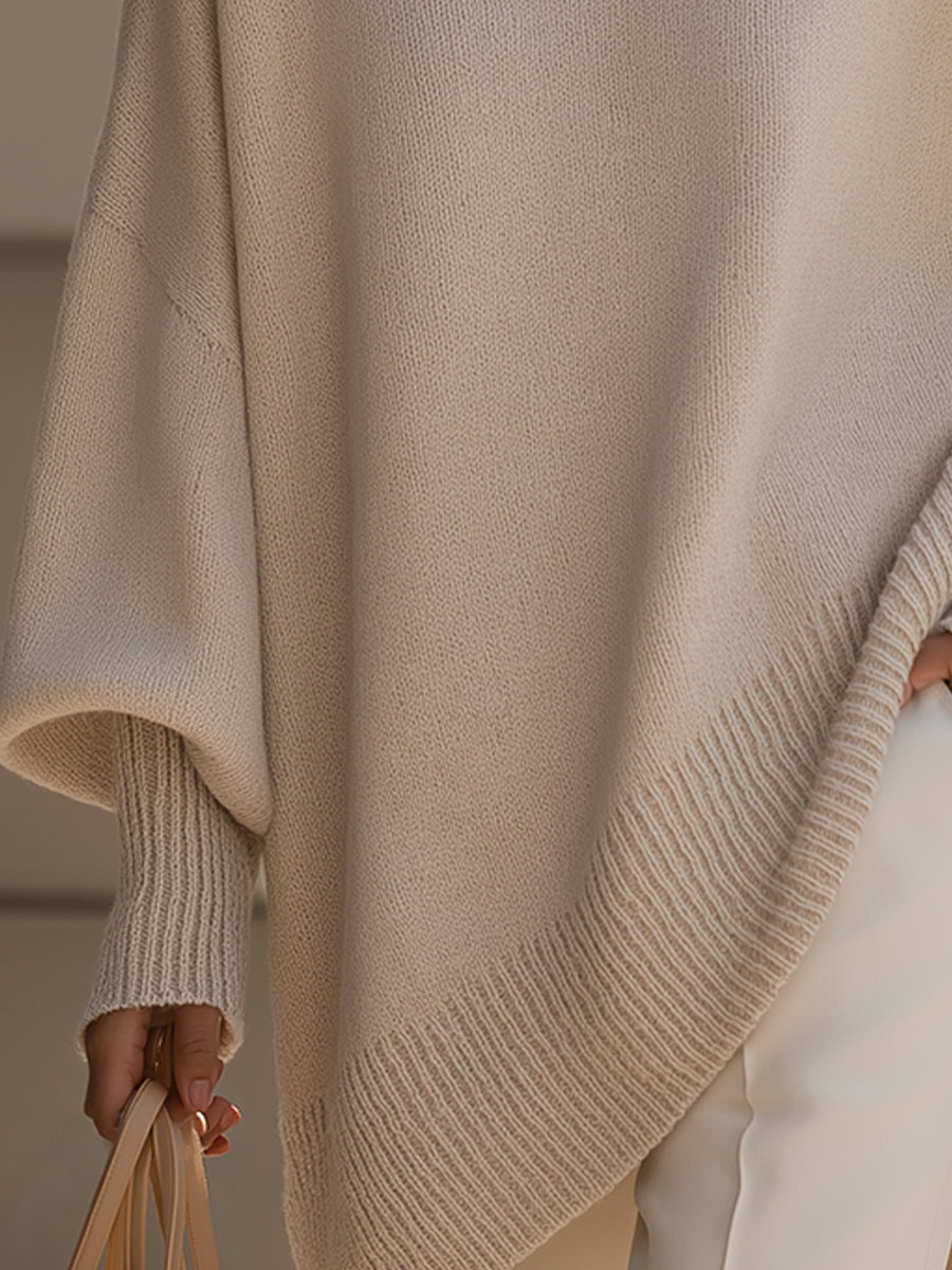 Women's Oversized Knit Sweater Asymmetrical Hem Crew Neck