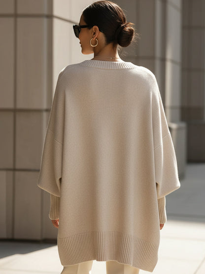 Women's Oversized Knit Sweater Asymmetrical Hem Crew Neck