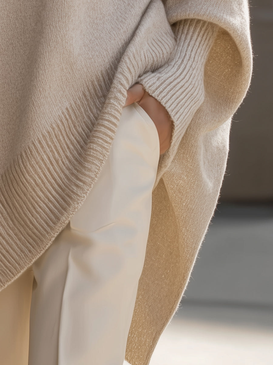 Women's Oversized Knit Sweater Asymmetrical Hem Crew Neck