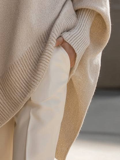 Women's Oversized Knit Sweater Asymmetrical Hem Crew Neck