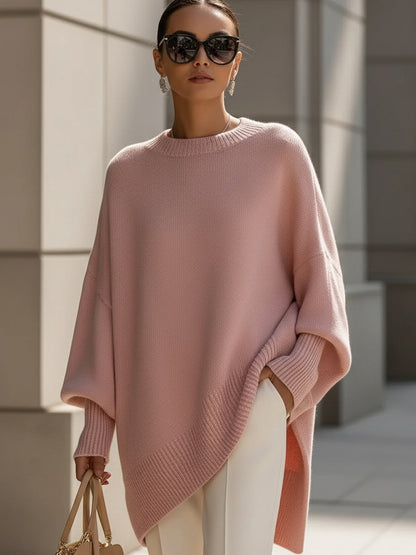 Women's Oversized Knit Sweater Asymmetrical Hem Crew Neck
