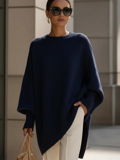 Women's Oversized Knit Sweater Asymmetrical Hem Crew Neck