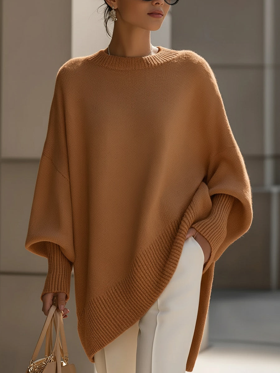 Women's Oversized Knit Sweater Asymmetrical Hem Crew Neck