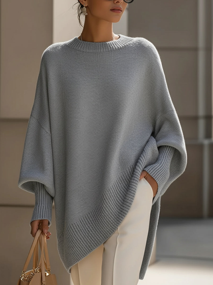 Women's Oversized Knit Sweater Asymmetrical Hem Crew Neck