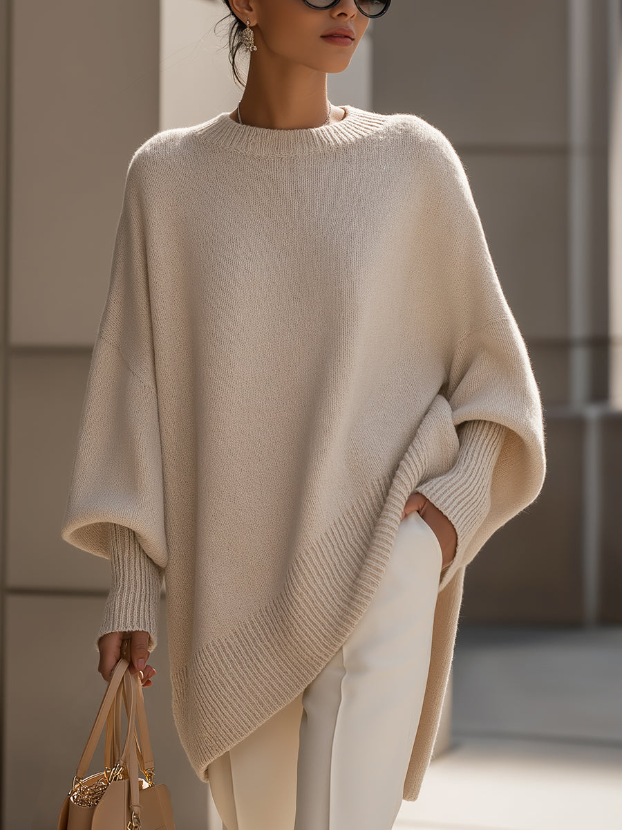Women's Oversized Knit Sweater Asymmetrical Hem Crew Neck