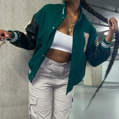 Women's Oversized Varsity Bomber Jacket Snap-Front Patch