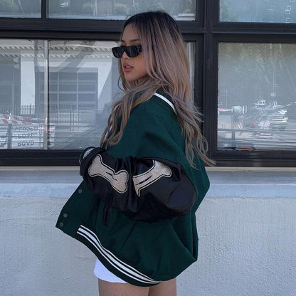 Women's Oversized Varsity Bomber Jacket Snap-Front Patch