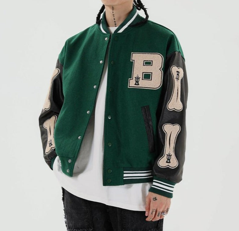 Women's Oversized Varsity Bomber Jacket Snap-Front Patch