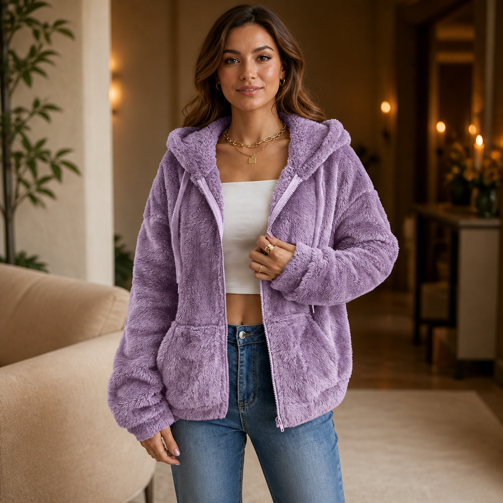 Women's Plush Hooded Zip-Up Jacket | Warm & Lightweight