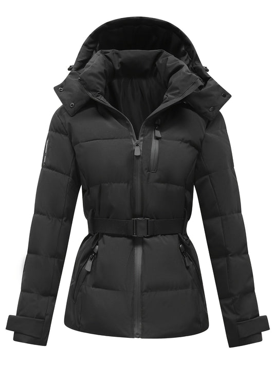 Women's Puffer Jacket Drawstring Hood Full Zip with Adjustable Belt
